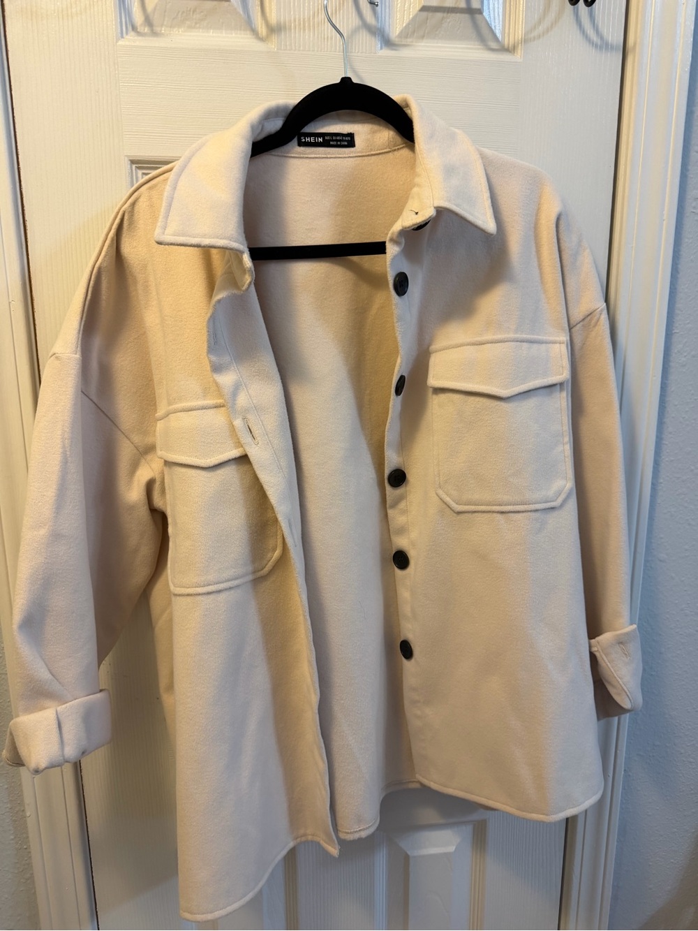 SHEIN Cream Relaxed Utility Shacket with Front Pockets